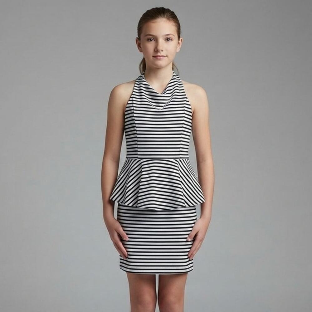 Ava & Yelly Girls Dress Size 16 Black White Stripe Romper Twirl Peplum USA